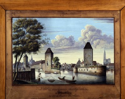 Vista das antigas fortificações em Estrasburgo na margem da entrada do rio - pintura em vidro de Unknown artist