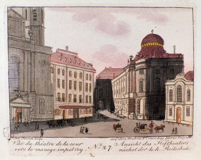 Vista do teatro e do pátio em direcção ao maneio imperial em Viena, Áustria. Gravura a partir de 1815 Coleção Privada de Unknown artist