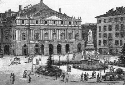 Vista do teatro de La Scala, em Milão, Itália. (Teatro alla Scala Milano) Gravura em "The Illustrous World" (O Mundo Ilustrado) de Unknown artist