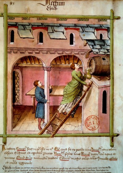 Vinagre: uma jovem enche um jarro. Iluminação a partir da ordenha de medicamentos e dietética "Tacuinum sanitatis". de Unknown artist