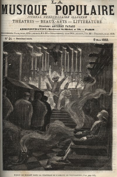 Visão de Wolfang Amadeus Mozart (1756-1791) na capela (grande órgão) da Abadia de Weingarten na Alemanha - gravura no ilustre jornal semanal "Música Popular" - 1882 de Unknown artist