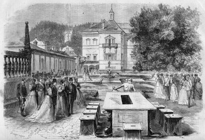Visita do Imperador Francisco José (1830-1916) e Imprimir Isabel da Áustria (Sissi) (1837-1898) com Eugenia (1826-1920), Imprimir dos franceses e Napoleão III à residência imperial de Hellbrunn, na Áustria, em 21 de agosto de Unknown artist