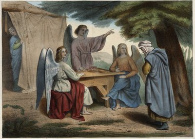 Visita dos Três Anjos a Abraão: Abraão descobre que sua esposa Sara (profunda), já muito velha, em breve lhe dará um filho. Gravura anónima de meados do século XIX. de Unknown artist