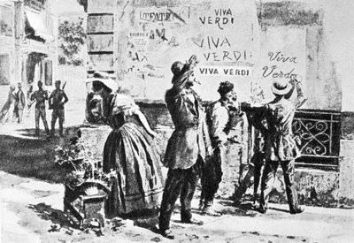 Viva Verdi: inscrições entusiastas para Giuseppe Verdi em Nápoles (reino das duas doenças) sob a ocupação austríaca em 1859, após a proibição da sua ópera "Un Ballo in maschera" (V.E.R.D.I. (VERDI) = Vittorio Emanuele Re d