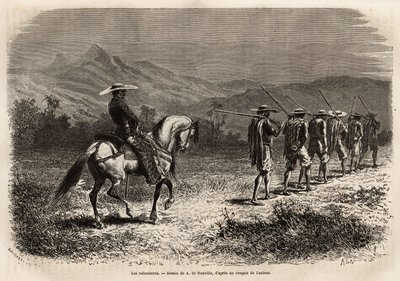 Voluntários a caminho de Cali, uma longa fila de homens com as mãos atadas atrás das costas, ligados por uma corda uns aos outros, uma corda segurada por um soldado a cavalo, que os leva a um campo de treino militar. Gravura para ilustrar a viagem a New Gr de Unknown artist