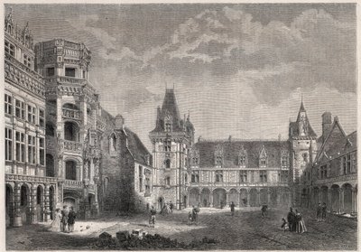 Vista exterior do castelo de Blois com a monumental escadaria - Gravura no "Le Monde Illustrie de Unknown artist