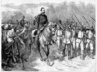 Guerra no Egito - Os emissários de Arabi Pasha recrutando soldados entre as tribos para lutar contra os britânicos - Arabi Pasha (Orabi Pasha, Ahmed Urabi) (1841-1911), e suas tropas em 1882 de Unknown artist