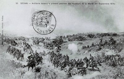 Guerra de 1870: Artilharia bávara tomando posição a partir das alturas do Marfe nas Ardenas em 01/09/1870. Gravura a partir de 1870 de Unknown artist