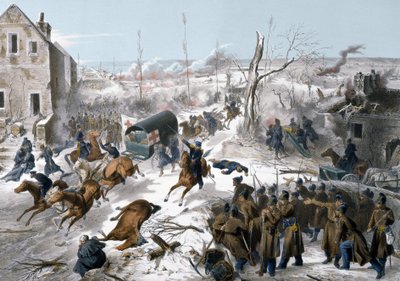 Guerra de 1870 entre a França e a Prússia: Cruz Vermelha durante a Batalha de Bapaume no Pas de Calais em 2 e 3/01/1871 que viu a vitória do exército do Norte liderado pelo General Faidherbe contra os prussianos de Unknown artist
