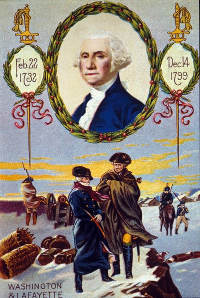 Guerra da Independência dos Estados Unidos: o Marquês de Lafayette (1757-1834) conheceu George Washington (1732-1799) com Valley Forge para ajudá-lo em 1777. chromolithographof the 19th century de Unknown artist