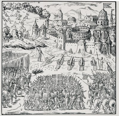 Guerra das Religiões: A cidade de Nîmes sitiada pela Armee do Rei (Henrique III) em 1576 - em "Coleção de 39 figuras representando as calamidades da França de 1562 a 1586", Louis Perrin imprim. de Unknown artist