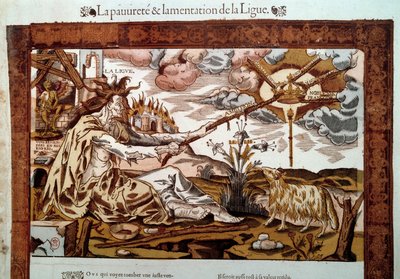 Guerra religiosa: alegoria sobre a pobreza e lamentos da Liga Santa (ou Liga Católica), um movimento católico que visa erradicar o protestantismo da França. A liga é encarnada por um miserável, num deserto, a puxar as cordas da coroa real r de Unknown artist
