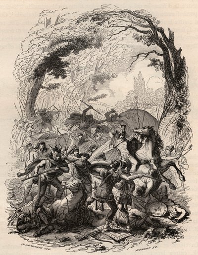 Guerra dos Gauleses: Batalha de Aduatuca entre o povo belga dos Eburons e o exército romano. Derrotou Quintus Titurius Sabinus e Lucius Aurunculeius Cotta em 54 AC. Gravura de 1868 no "Histoire de Belgique" desde os tempos primitivos até ao fim do de Unknown artist
