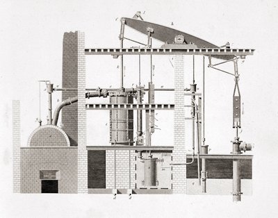 Máquina a vapor Watt. Esquema. Gravura do século XIX de Unknown artist