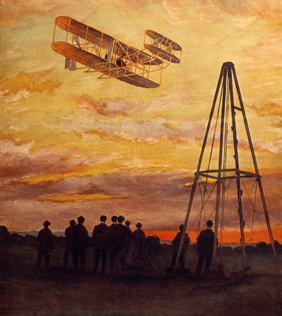 O avião de Wilbur Wright (1867-1912) em voo de Unknown Artist
