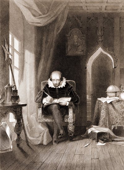 William Shakespeare (1564 - 1616) em seu escritório. de Unknown artist