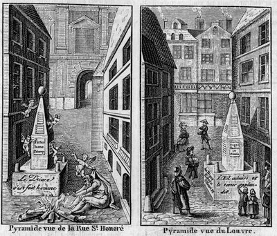 Pirâmide de Inverno 1784 em Paris. Fac-símile (Fac-símile) de duas estampas publicadas em "La Pyramide de neige", almanaque de 1786. Gravura em "La Nature: Revue des sciences et de leurs applications aux arts et a l