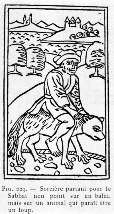 Bruxa que parte para o Sábado não numa vassoura, mas num animal que parece ser um lobo. de Unknown artist