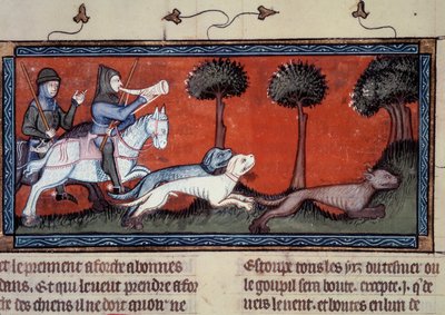 Caça ao lobo Miniatura do manuscrito fr. 1297 "Livro do Rei Modus e da Rainha Ratio" de Henri de Ferrieres (século XIV) de Unknown artist