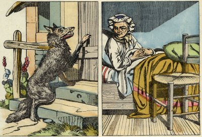 O lobo bate à porta da avó. Ilustração do conto "O Capuchinho Vermelho", de Charles Perrault de Unknown artist