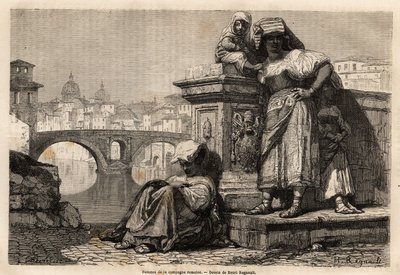 Mulheres e crianças do campo romano em repouso na beira do Tibre, atrás do horizonte: as cúpulas da Basílica de São Pedro no Vaticano. Gravura para ilustrar a viagem a Roma, de Francis Wey, em 1864-1868, publicada em "Le tour du monde, no de Unknown artist