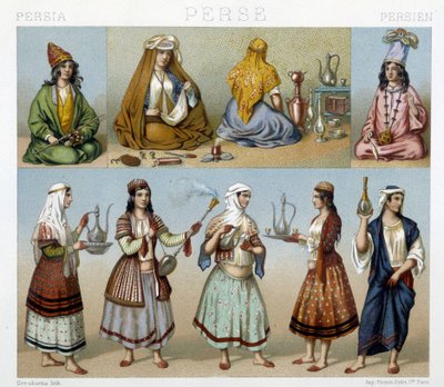 Mulheres preparando chá e trajes femininos na Pérsia - in "O traje histórico" de Racinet de Unknown artist