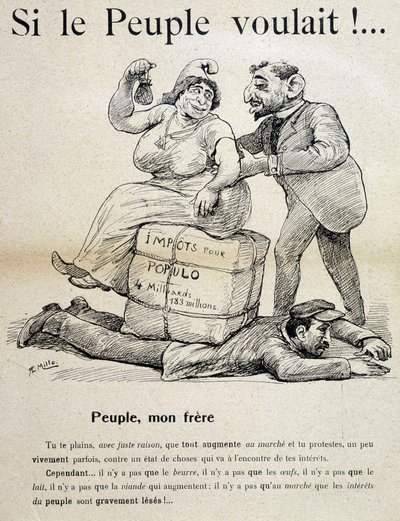 Trabalhador esmagado por "impostos para a populo" - desenho animado, final do século XIX de Unknown artist