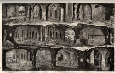 Trabalhar na Mina de Sal de Wieliczka - cidade mineira na Polónia - Vista das obras subterrâneas nas minas de sal de Wieliska, em Gallicie - gravura em 