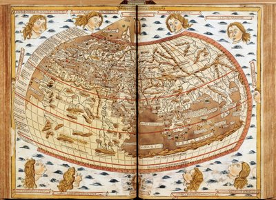Mapa mundial de Claude Ptolemee. As cabeças humanas que sopram ar representam os diferentes ventos (cujos nomes são indicados). Em "Latin Geographia". Beatissimo Patri Paulo Secundo Pontifici Maximo. Donis Nicolaus". Em "Geografia manuscrito dedicado ao Pa de Unknown artist