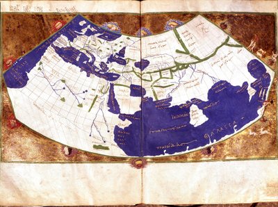 Mapa mundial de Claudius Ptolemaeus (Claude Ptolemee, 90-168 ap JC), astrónomo e astrólogo grego - Representação da Terra Plana sem os Polos Norte e Sul e sem os Polos Americanos - Manuscrito do século XV - Veneza, Biblioteca Marciana de Unknown artist