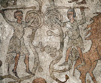 Wrestlers, símbolo do cristianismo. Pavimento de Pantaleone (ou Pantaleon de Unknown artist