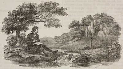 Escritor debaixo de árvore em frente à ribeira, ilustração do Teatro universale, Raccolta enciclopedica e scenografica, No 575, 19 de Julho de Unknown artist