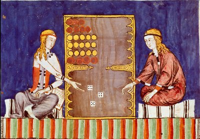 Jovens mulheres jogando tric trac (tri-trac), ancestral do Gamão - Miniatura do manuscrito "Libro de los juegos" de Alfonso X o Sábio ou o Salvador (em espanhol, Alfonso X el Sabio de Unknown artist