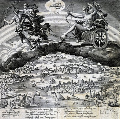 Signo do Zodíaco Câncer. Lua, representação do tanque de Semelee. Gravura do século XIX. de Unknown artist
