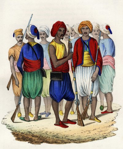 Zouaves, tirailleurs indígenas do exército francês de África, treinados em 1830. Em "Storia d