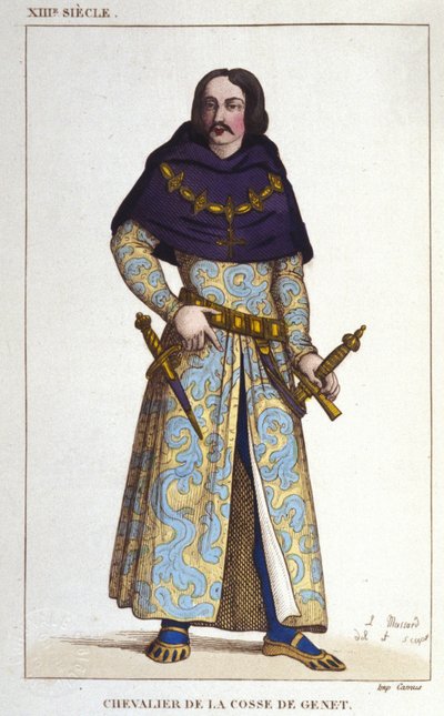 traje de Chevalier de la Cosse de Genet posterieur para o ano 1365. gravura de 1830 de Unknown artist