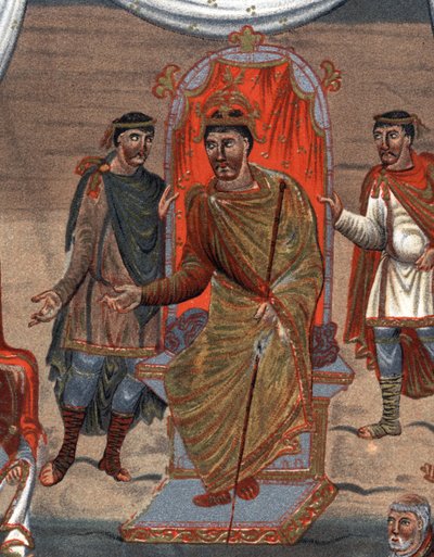 detalhes de: Carlos II o Careca (823 - 877), Rei de França recebendo uma delegação de monges de Tours.Fac-Simile em cromolitografia do século XIX, após uma miniatura do século X conservada no B.N. de Paris. de Unknown artist