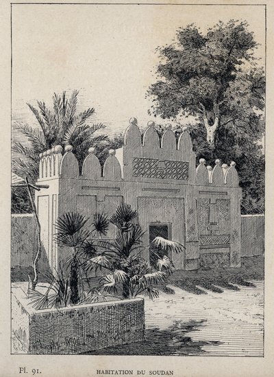habitation du Sudan (Sudão) - gravura de 1889 em "Histoire de habitation humaine à l
