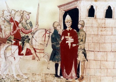 o papa Bonifácio VIII (1294-1303) aqui prisioneiro em Anagni em 1303, ilustração do manuscrito do século XIV de Unknown artist