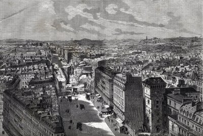 as Grandes Obras de Haussman - Transformações de Paris sob o Segundo Império, Paris Haussmannien (Boulevard, obras de Haussmannien) - Le piercing de rue Etienne Marcel- de la rue Turbigo à la Place des Victoires - gravura em "Le journal illustrious" de 1 de Unknown artist