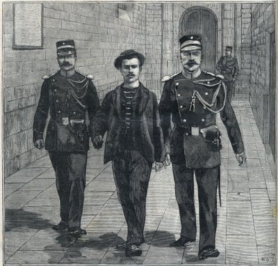 o anarquista italiano Luigi Luccheni (Lucheni), assassino da Impressora Isabel da Áustria (Sissi), levado ao Tribunal de Justiça em 1898. de Unknown artist