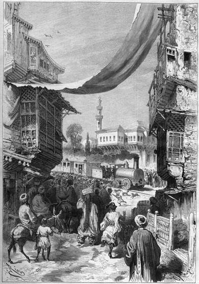 o primeiro comboio ferroviário a chegar a Constantinopla em 1872. de Unknown artist