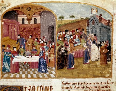 o funeral de Alexandre o Grande, a dissecação e o enterro em miniatura retirado do "Livro de Fatos de Alexandre o Grande" de Quintus Curtius Rufus (século I) de Unknown artist