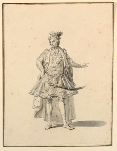 Desenho, Desenho de Figurinos: Príncipe Persa, para uma produção cénica concebida por Giuseppe Galli Bibiena, 1719 de Unknown artistUnknown artist