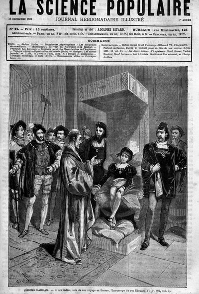 (Cardanus Hieronymus) Gerolamo Cardano (Jerome Cardan), médico, matemático e filósofo italiano (1501-1576), apresentando o horóscopo do Rei Edward VI da Inglaterra. in "Popular Science", 16 de dezembro de Unknown artist