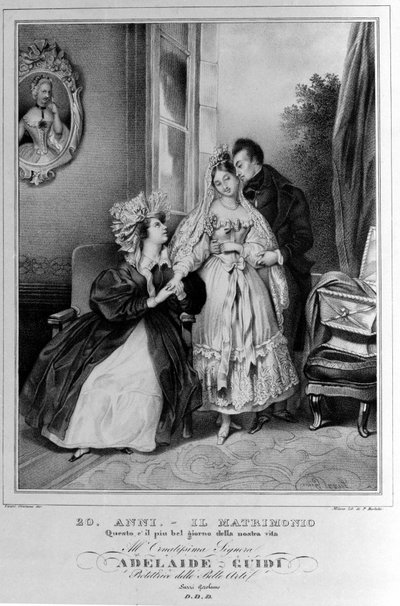 20 anos: casamento. Representação de um casal de recém-casados. Litografia do século XIX. de Unknown artist