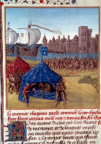 8ª Cruzada: A morte de Saint Louis (Louis IX) (1214/1215-1270) da peste em Tunis. Miniatura tirada de "Le livre des faits de Monseigneur Saint Louis" Paris do século XV, B.N. de Unknown artist