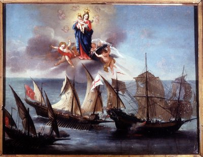 Um barco de Génova atacado por uma galiot e um meio-galley bárbaro. Ex-voto 1796. Museo navale di Genova-Pegli. de Unknown artist