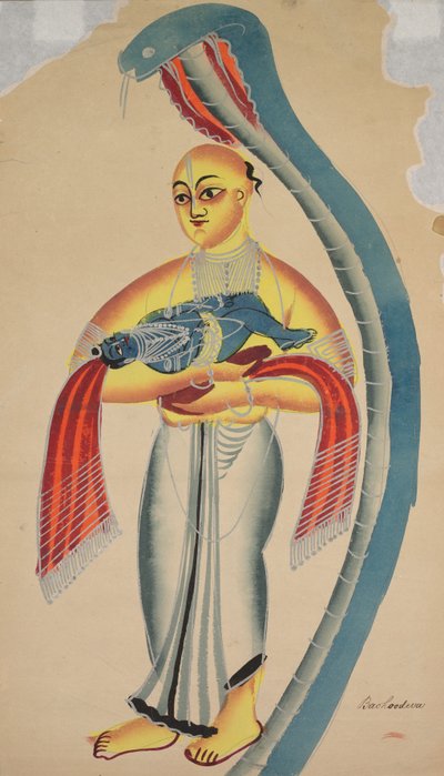 Uma serpente protege Vasudeva levando seu filho bebê Krishna para a segurança de Unknown artist