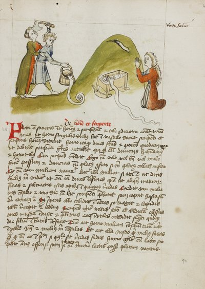 Uma mulher em oração e uma cobra numa colina próxima; um homem a tentar matar uma cobra com um machado de Unknown artist